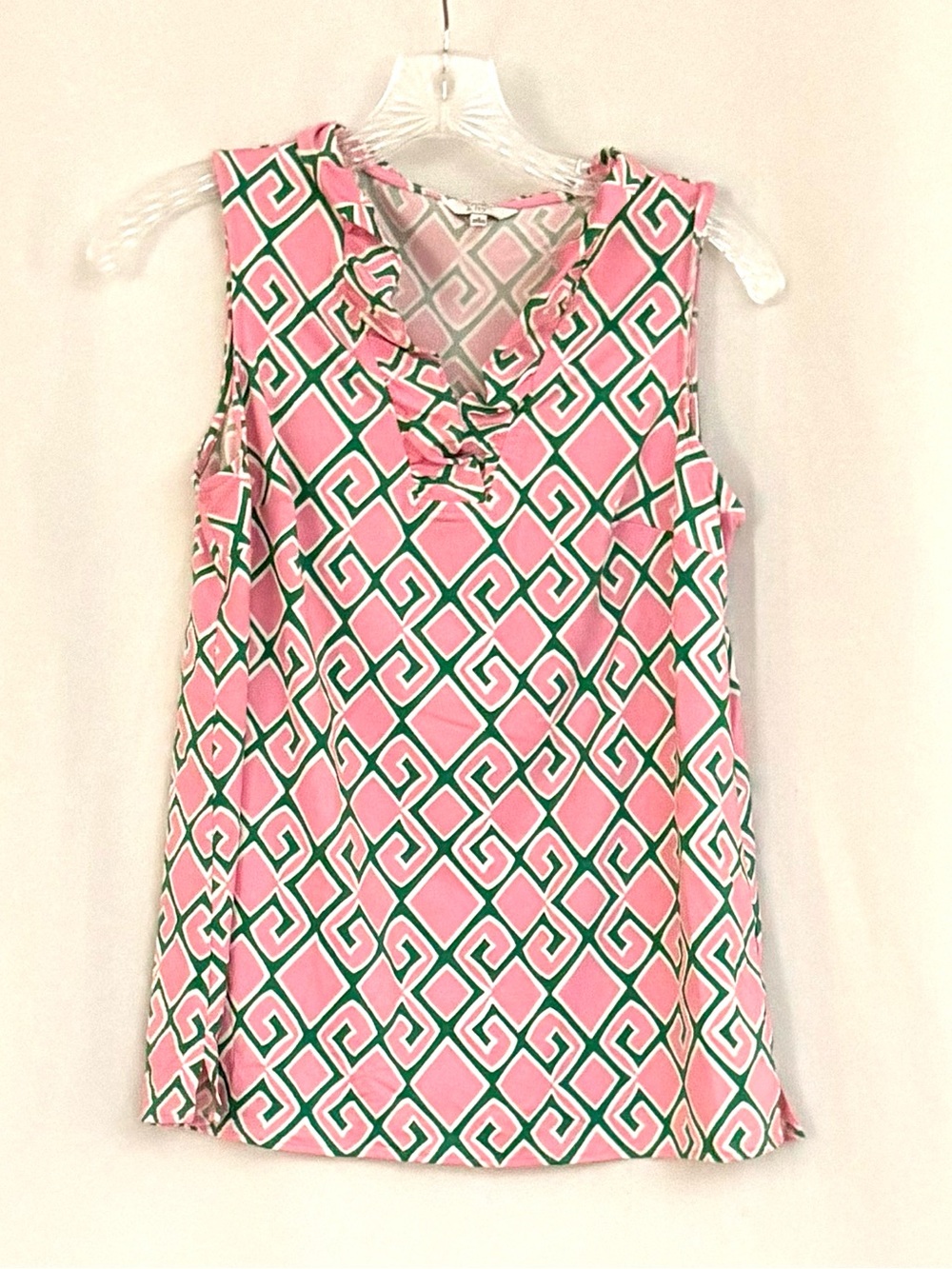 Crown & ivy Sleeveless Pink & Green Geometric Ruffle Neck Top
